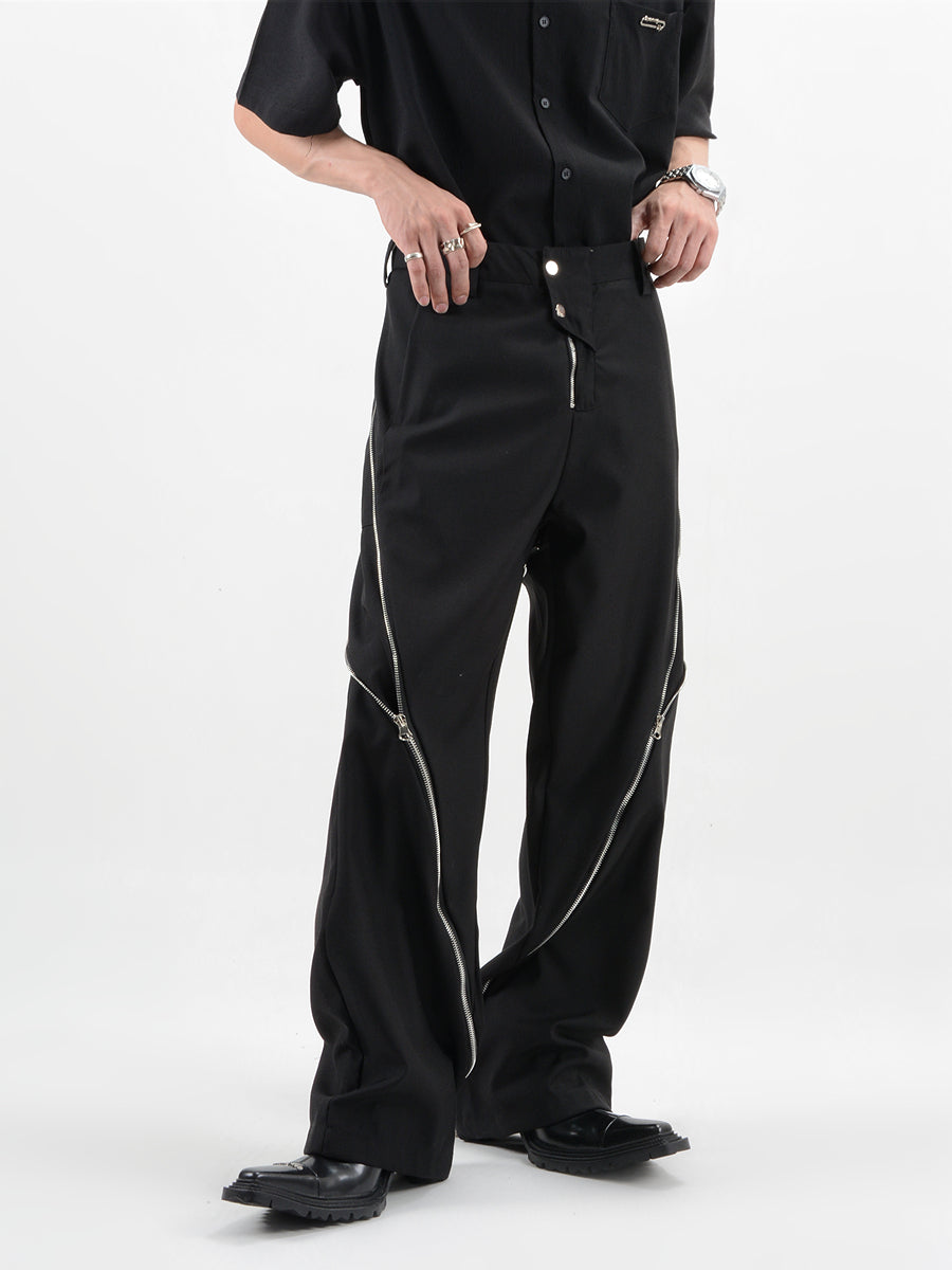 Straight Fit Diagonal Zip Up Pants - nightcity clothing