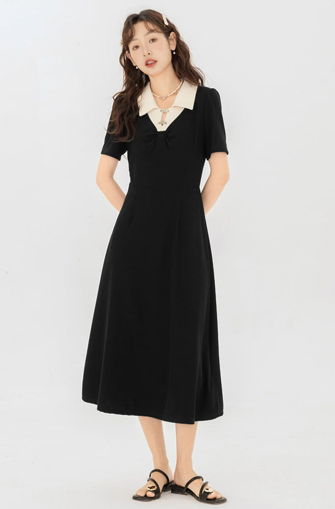 Contrast Collar Puff Shoulder Midi Dress