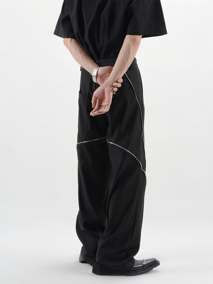 Straight Fit Diagonal Zip Up Pants - nightcity clothing