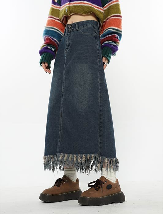 Tassel Hem Denim Midi Skirt