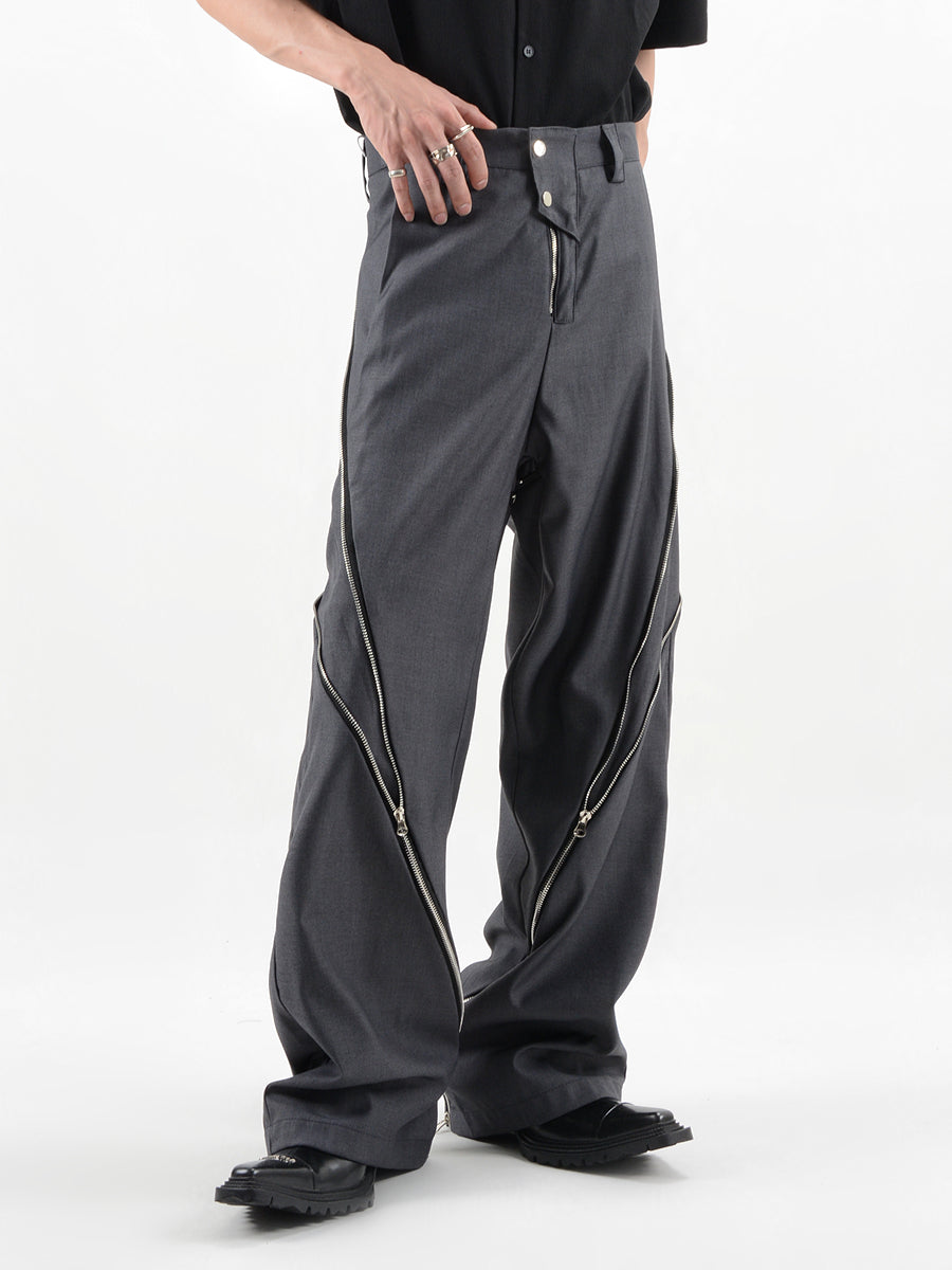 Straight Fit Diagonal Zip Up Pants - nightcity clothing