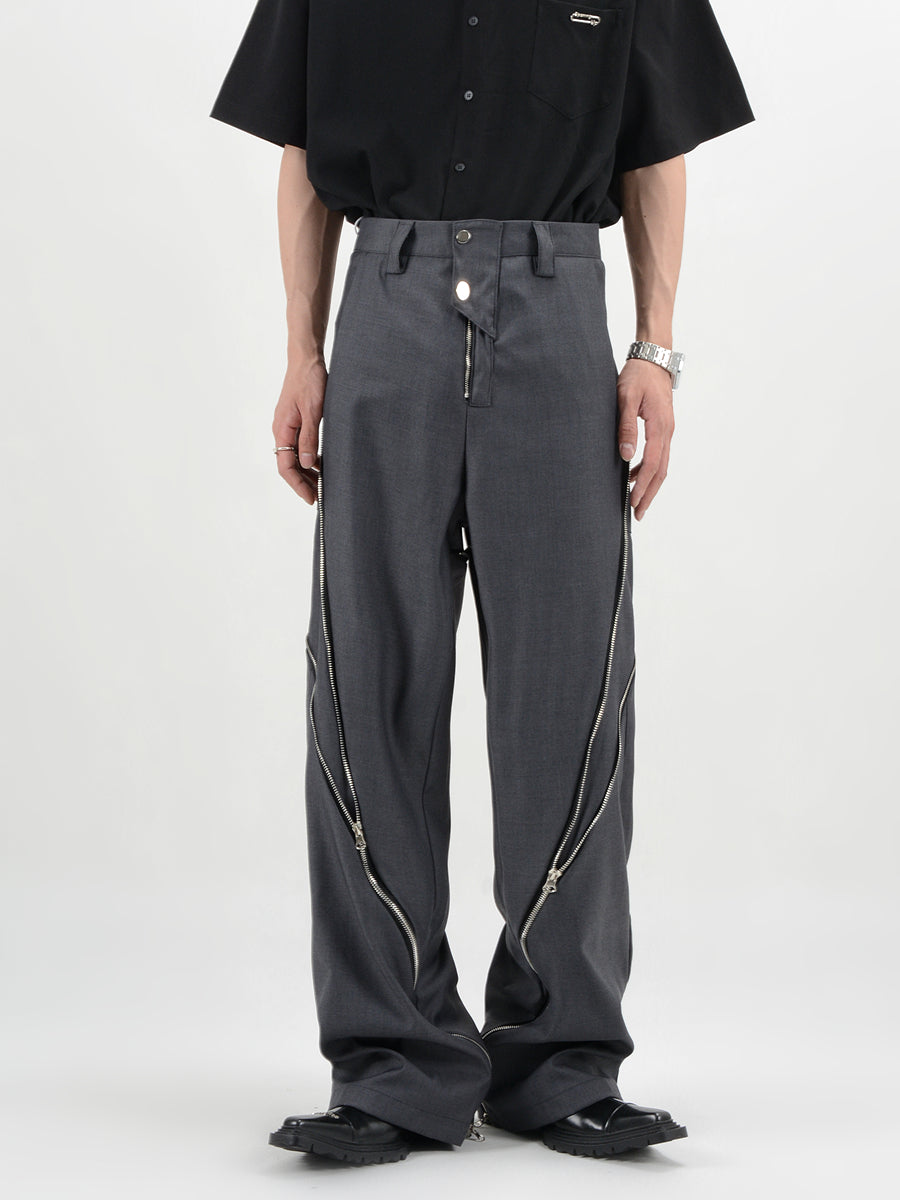 Straight Fit Diagonal Zip Up Pants - nightcity clothing