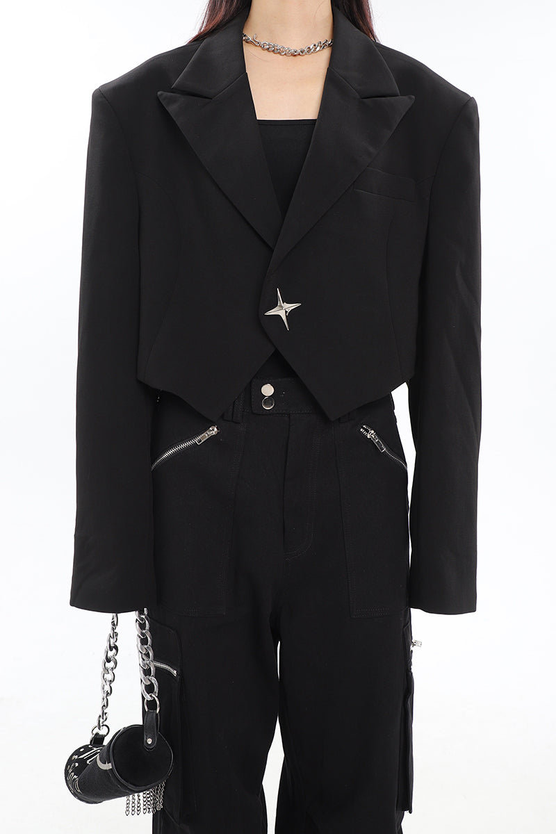 Boxy Cropped Blazer with Star Button - nightcity clothing