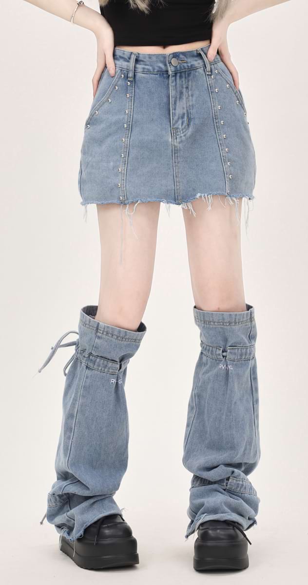 Distressed Denim Mini Skirt and Leg Warmers