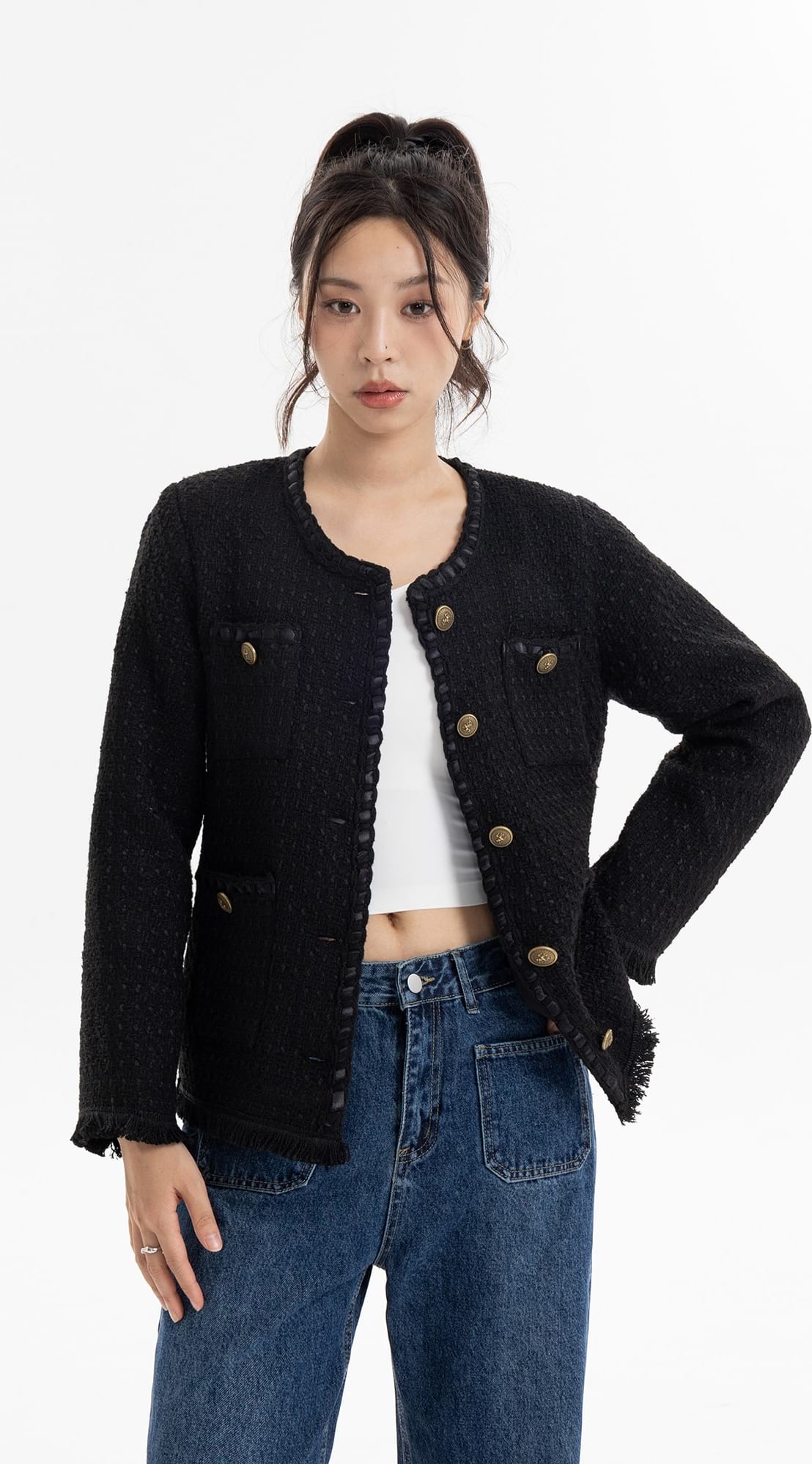 Tassel Hem Tweed Blazer Coat