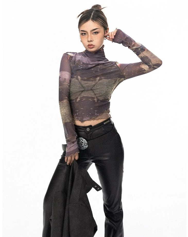 Camouflage Mesh Long Sleeve Crop Top