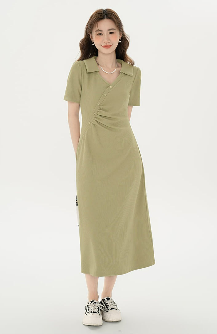 Asymmetric Button Ruched Midi Dress