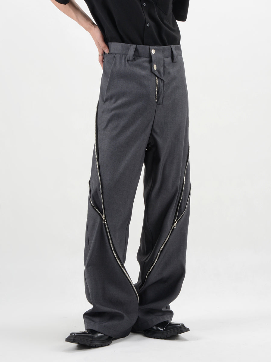 Straight Fit Diagonal Zip Up Pants - nightcity clothing