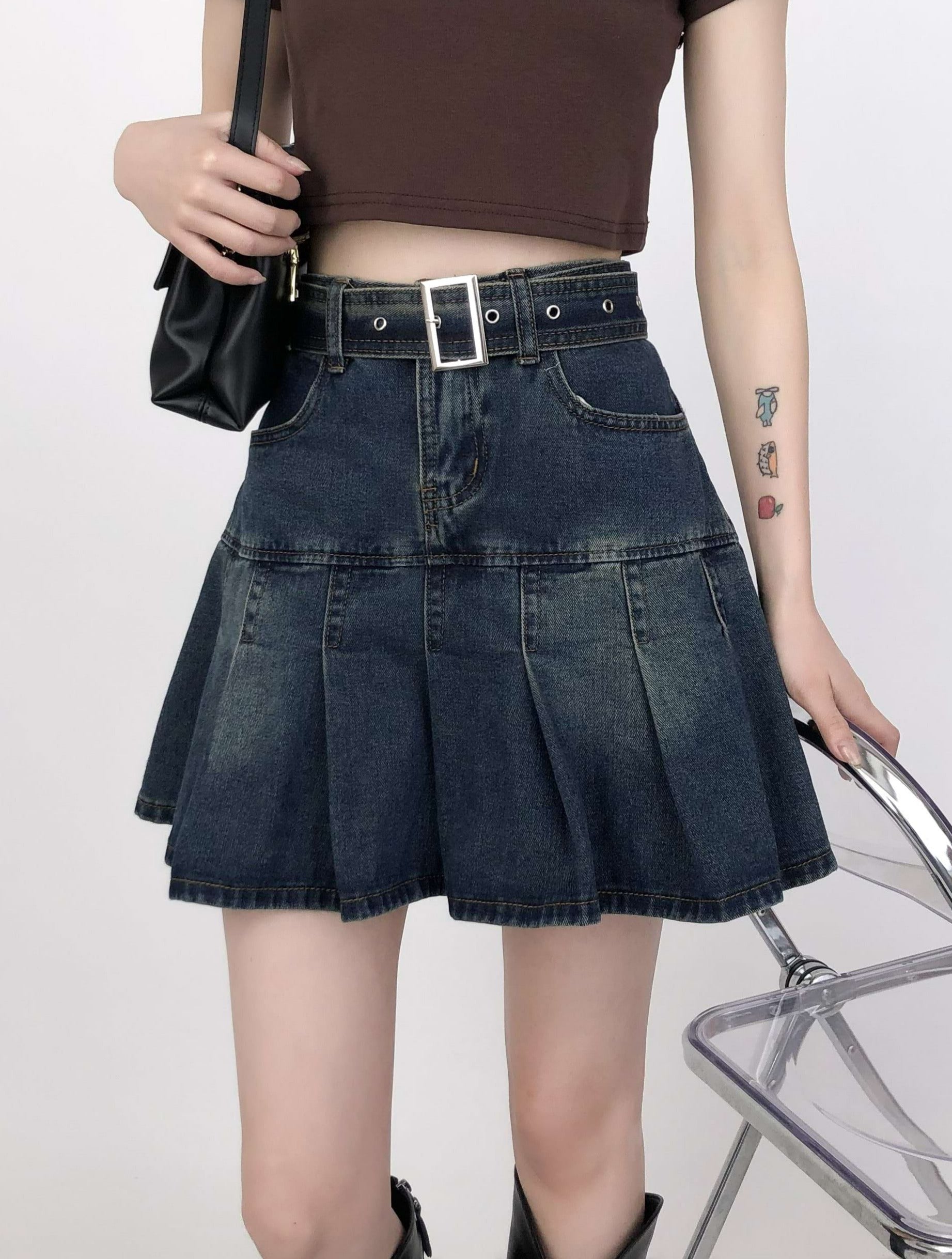 Tier Pleated Mini Denim Skirt with Belt