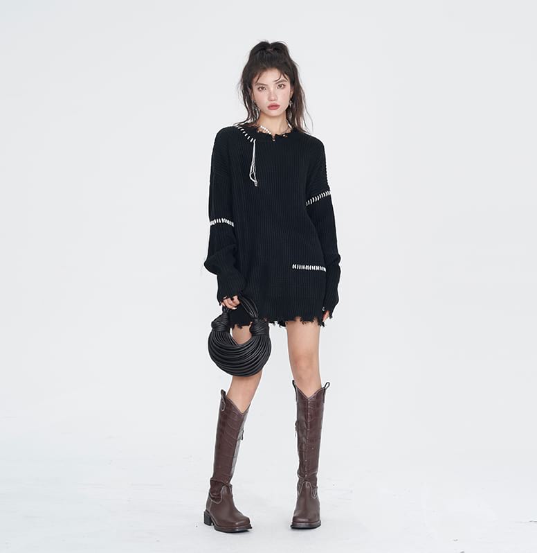 Distressed Hem Contrast Stitch Knit Pullover