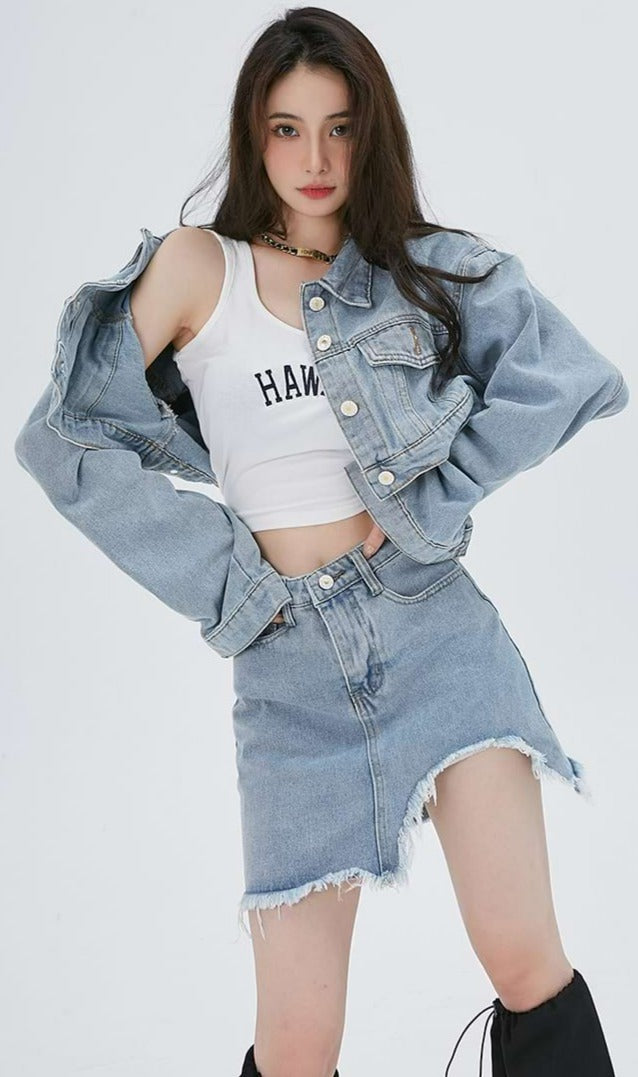 Cropped Denim Jacket and Distressed Hem Mini Skirt Two-Piece Set