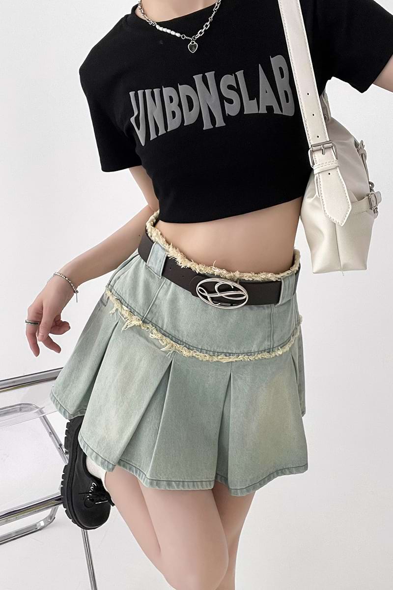 Pleated Denim Mini Skirt