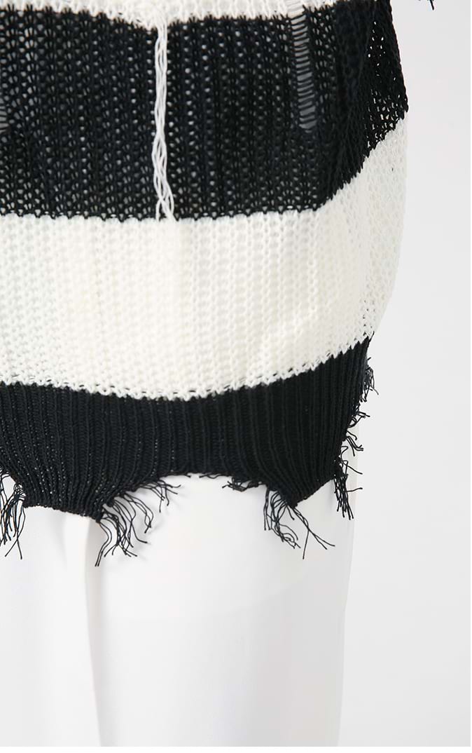 Distressed Tassel Stripe Knit Sweater - nightcity clothing