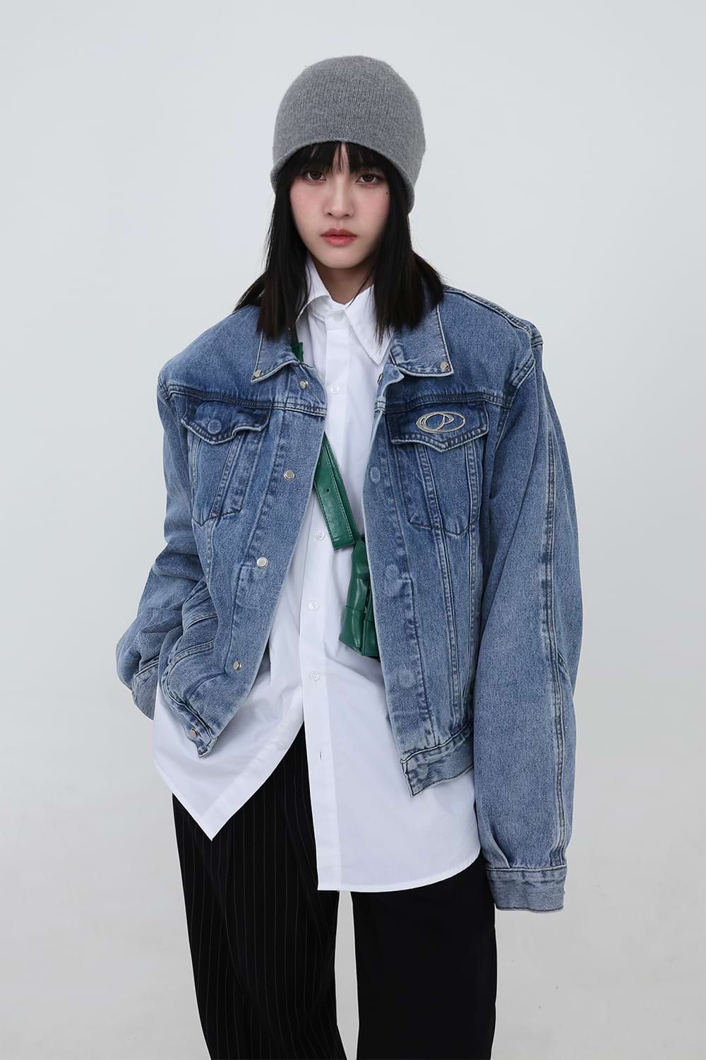 Button Denim Jacket with Shoulder Pads