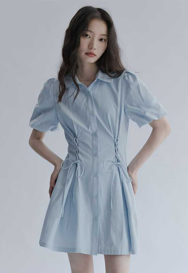 Puff Sleeve Button Dress with Waist Drawstring