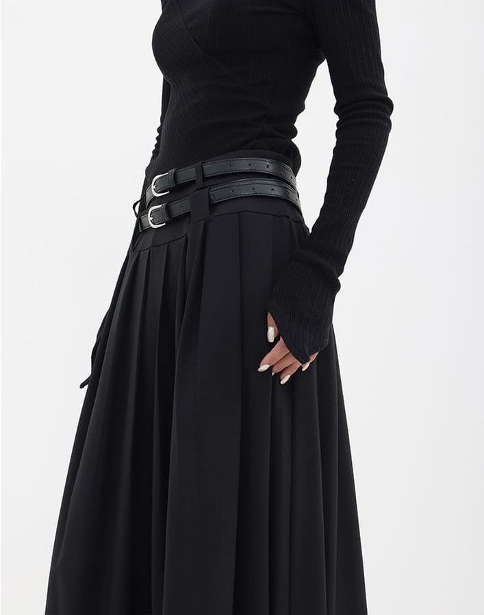 Pleated Double-Belt Midi Skirt - nightcity clothing