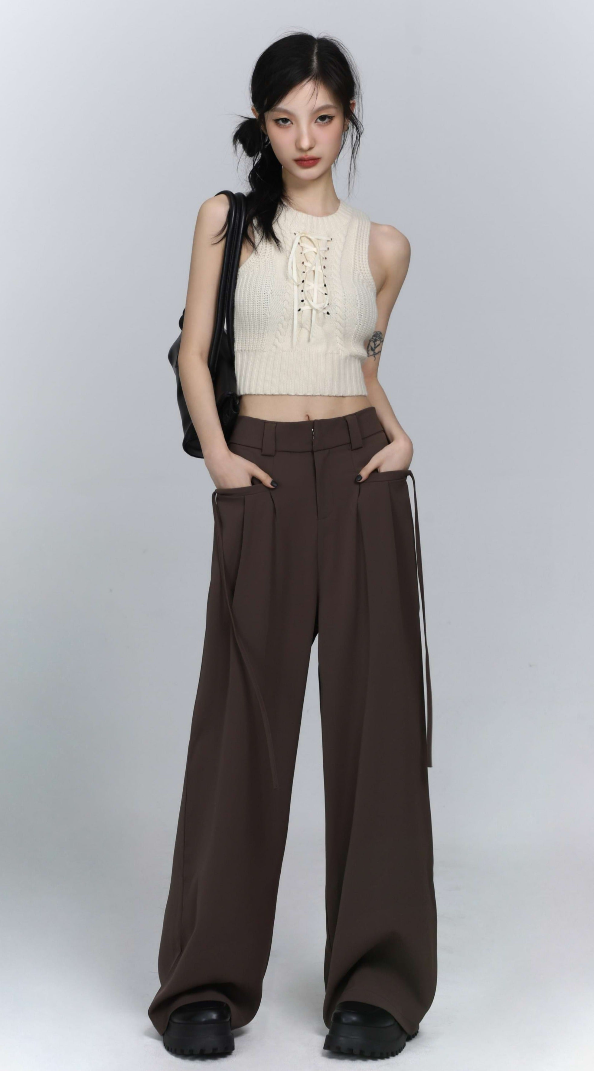 Cropped Knit Vest with Drawstrings