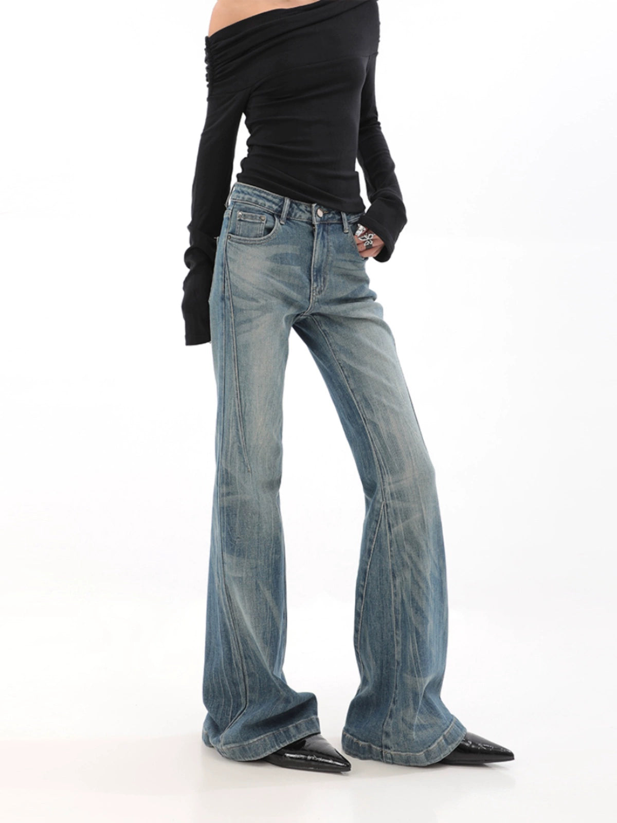 High Waist Vintage Wash Bell Bottom Jeans