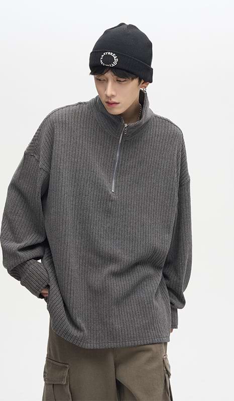 Semi High Neck Half Zip Knit Pullover