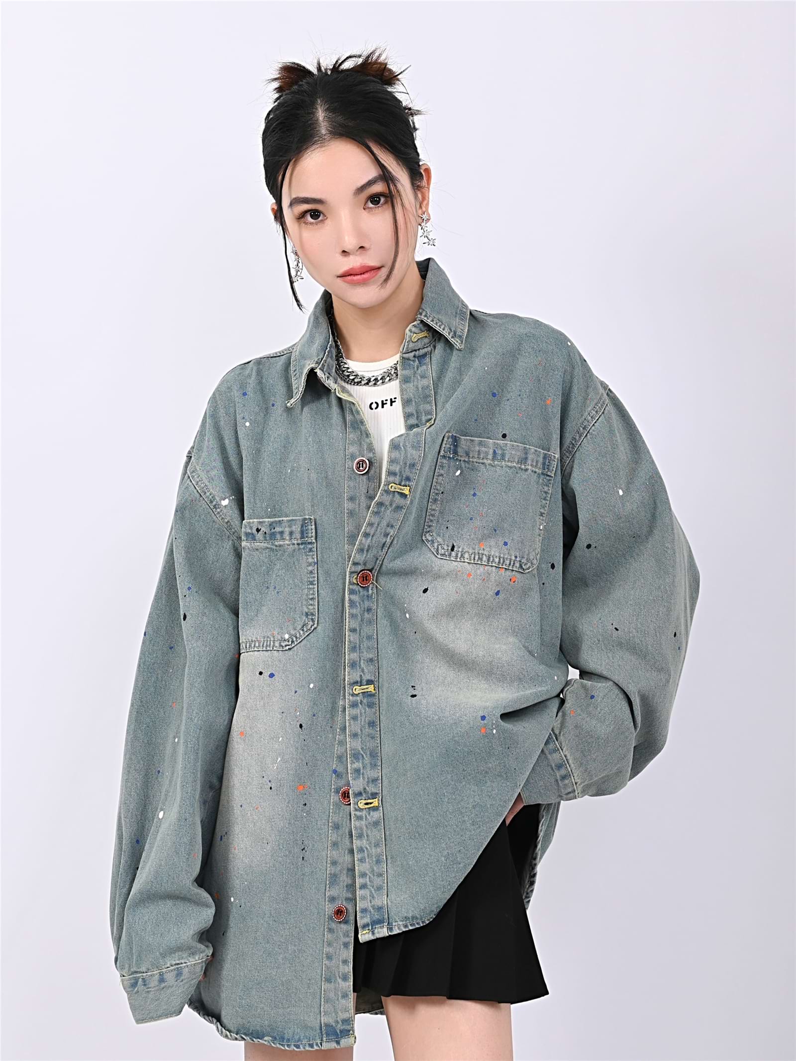 Paint Splatter Oversized Denim Shirt