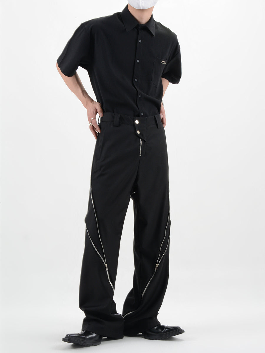 Straight Fit Diagonal Zip Up Pants - nightcity clothing