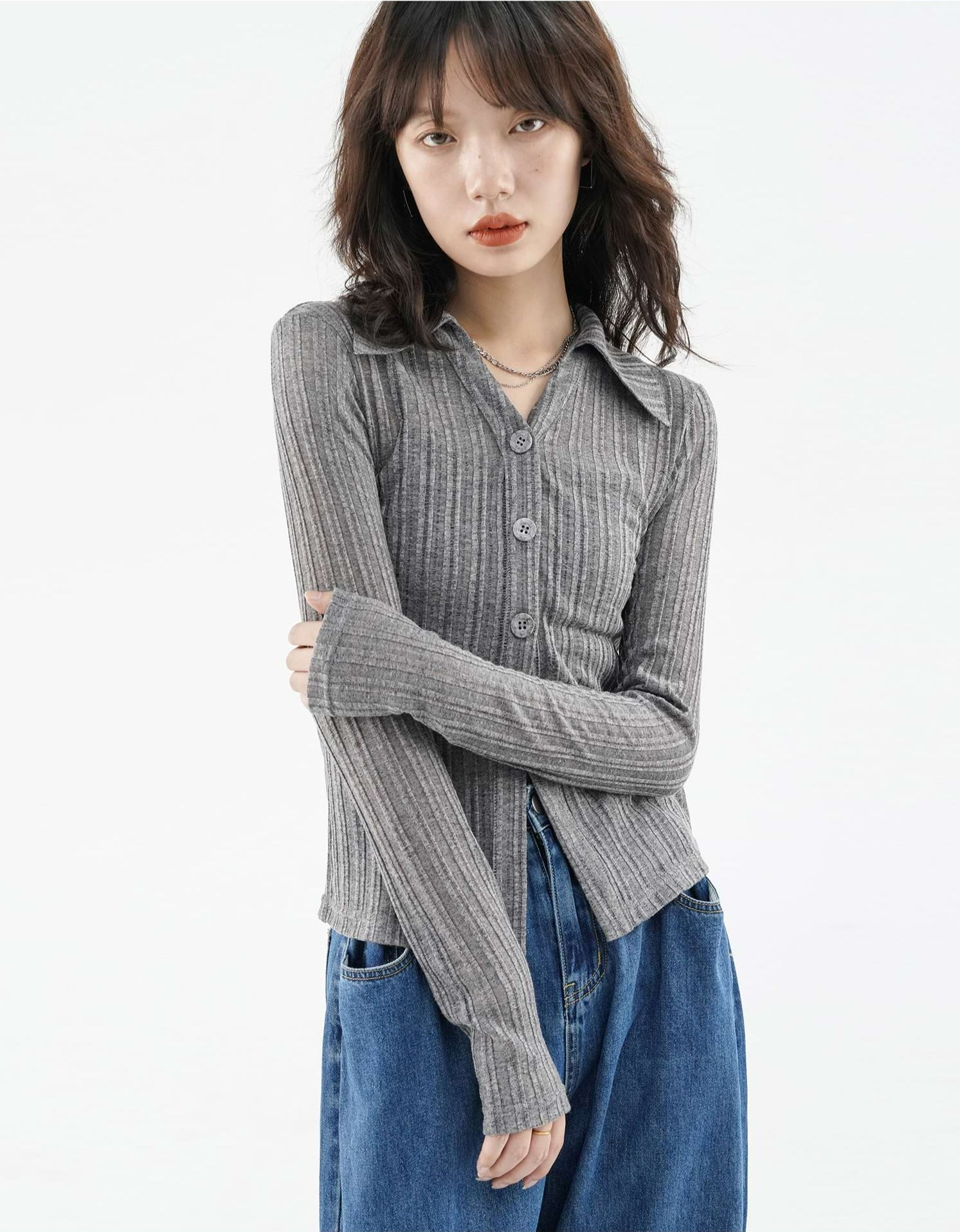 Ribbed Button Long Sleeve Top