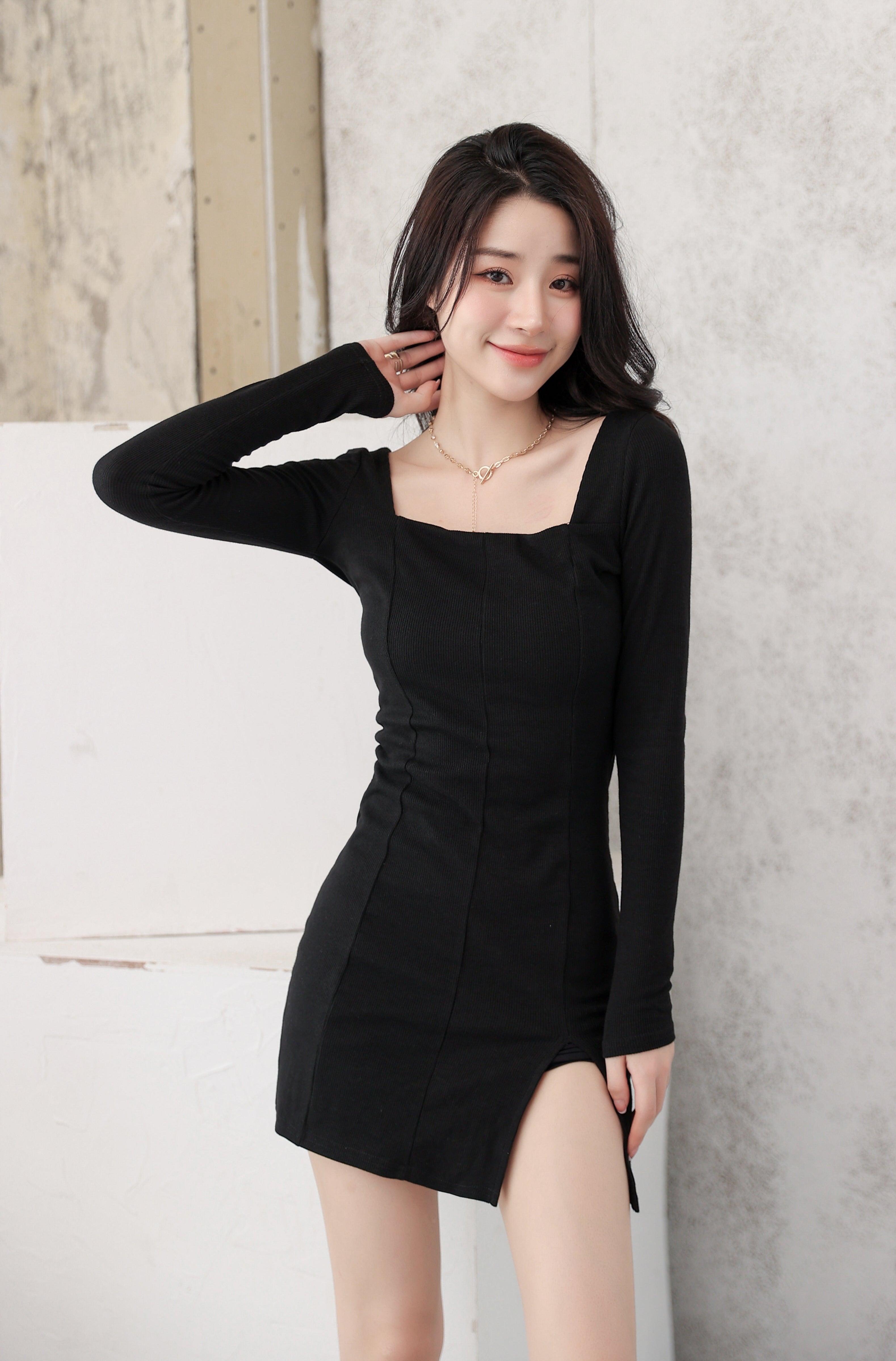 Knit Bodycon Mini Dress with Split Hem - nightcity clothing