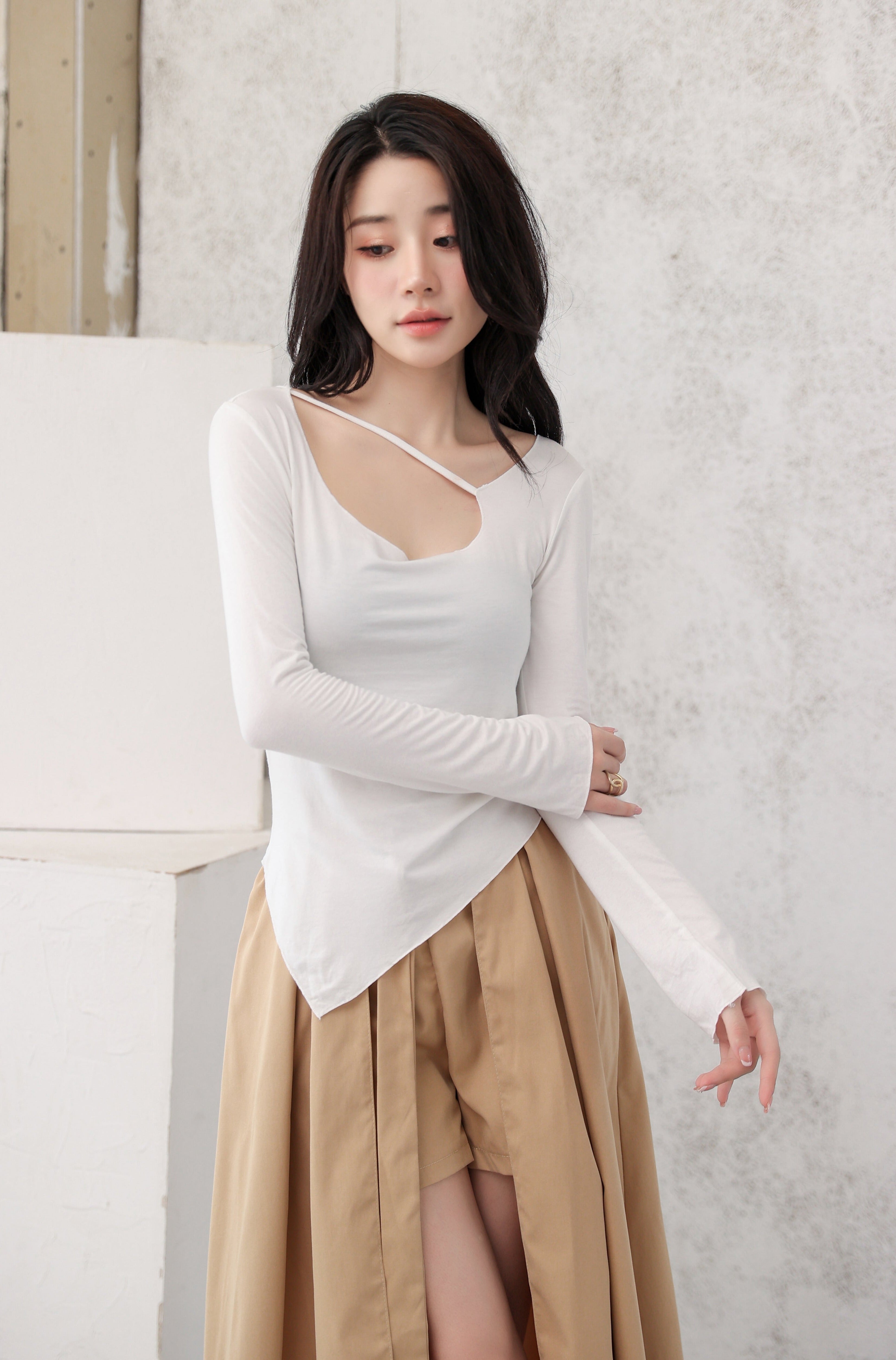 Asymmetric Neck Strap Long Sleeve Top - nightcity clothing