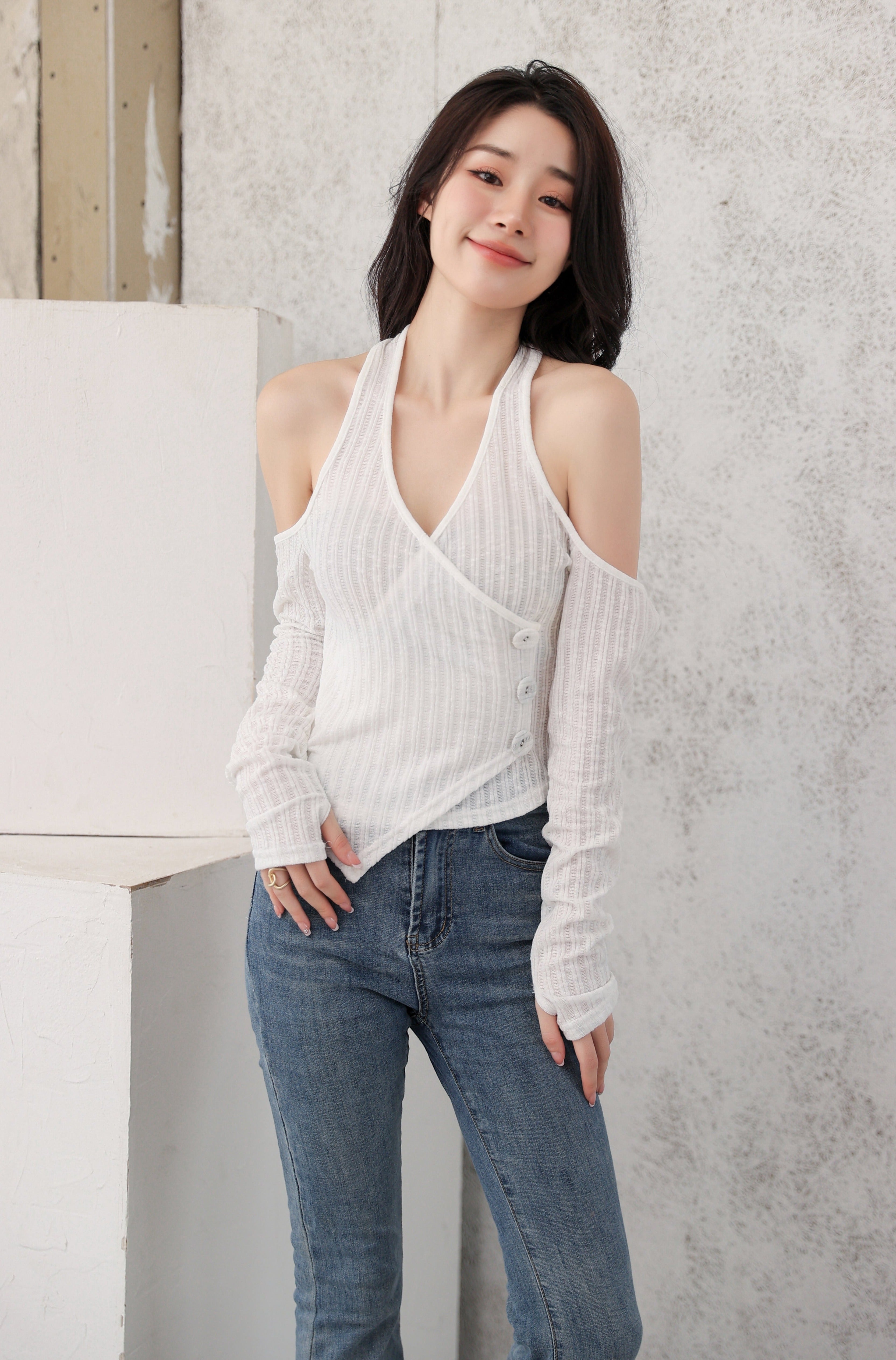 Mock Layer Cold Shoulder Knit Crop Top - nightcity clothing