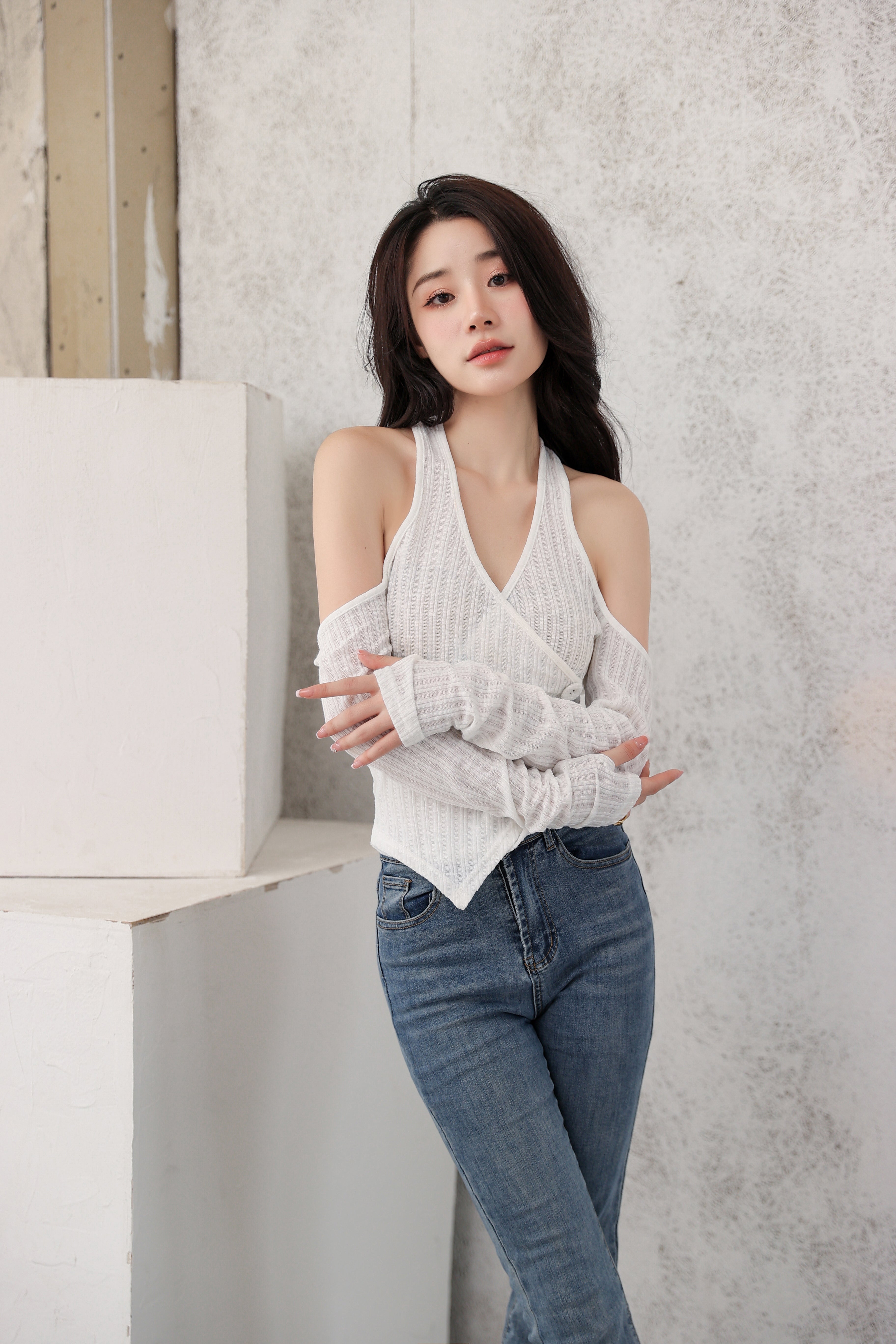 Mock Layer Cold Shoulder Knit Crop Top - nightcity clothing