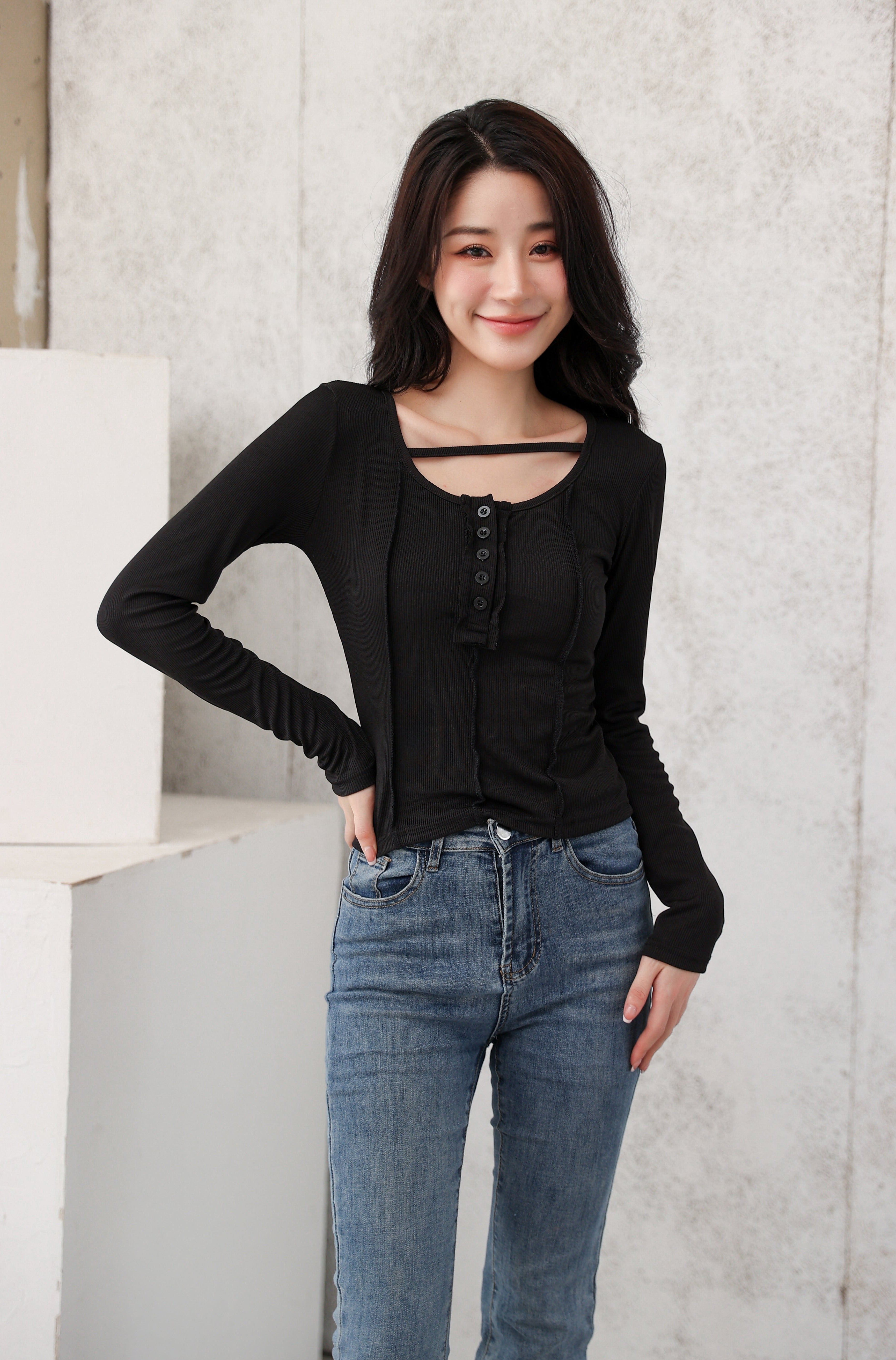 Henley Strap-Neck Patchwork Long Sleeve Crop Top - nightcity clothing