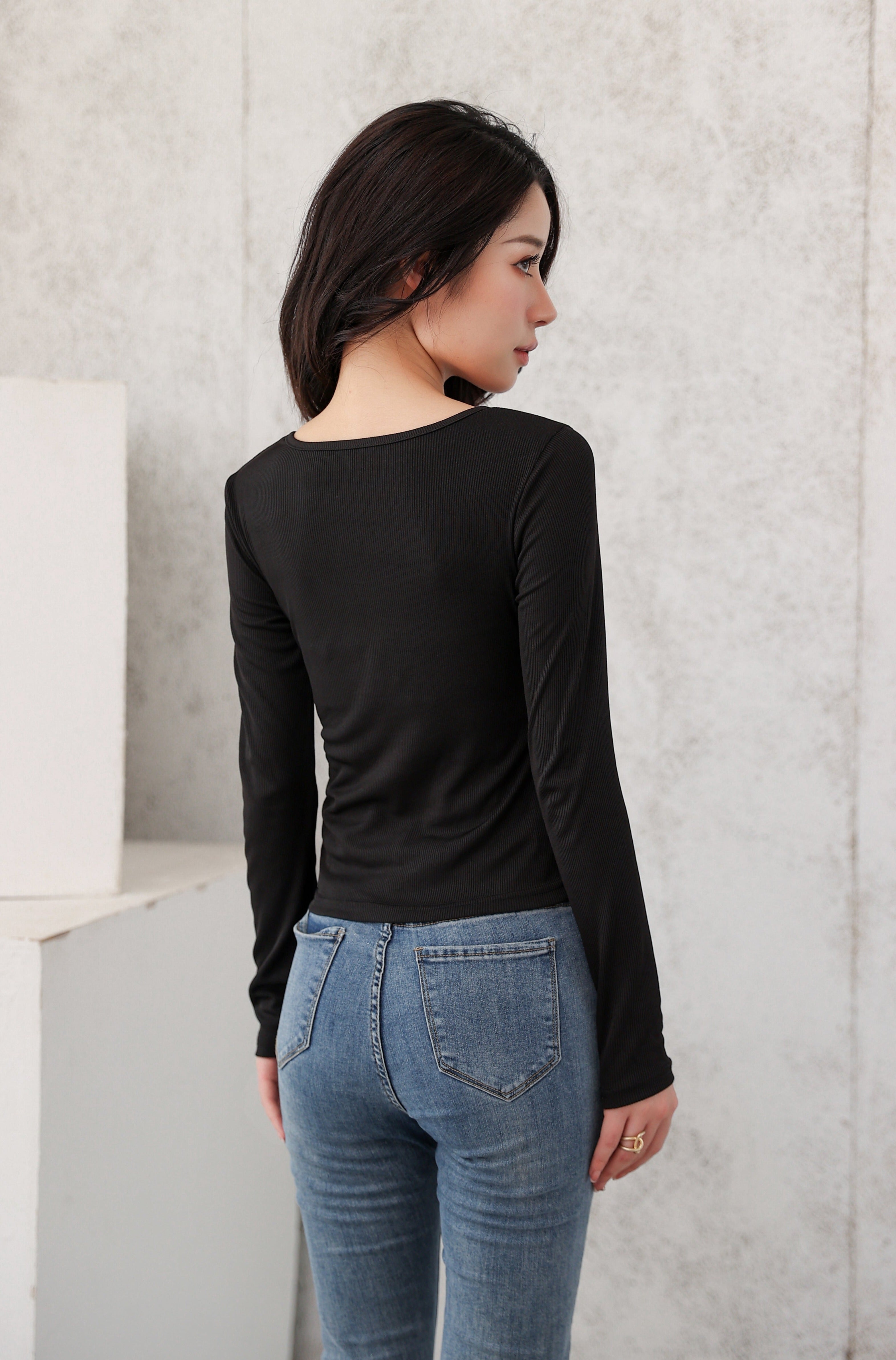 Henley Strap-Neck Patchwork Long Sleeve Crop Top - nightcity clothing