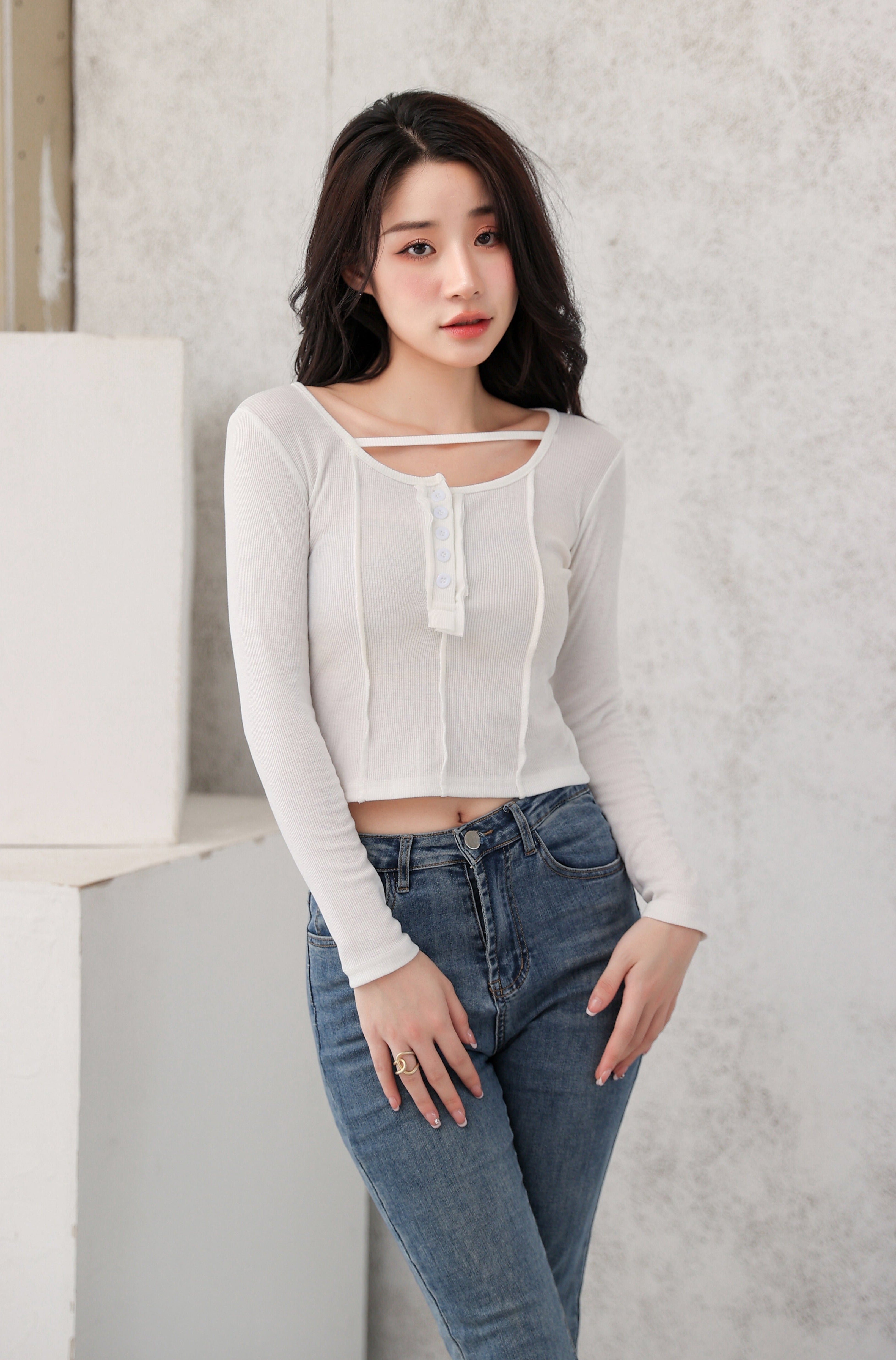 Henley Strap-Neck Patchwork Long Sleeve Crop Top - nightcity clothing