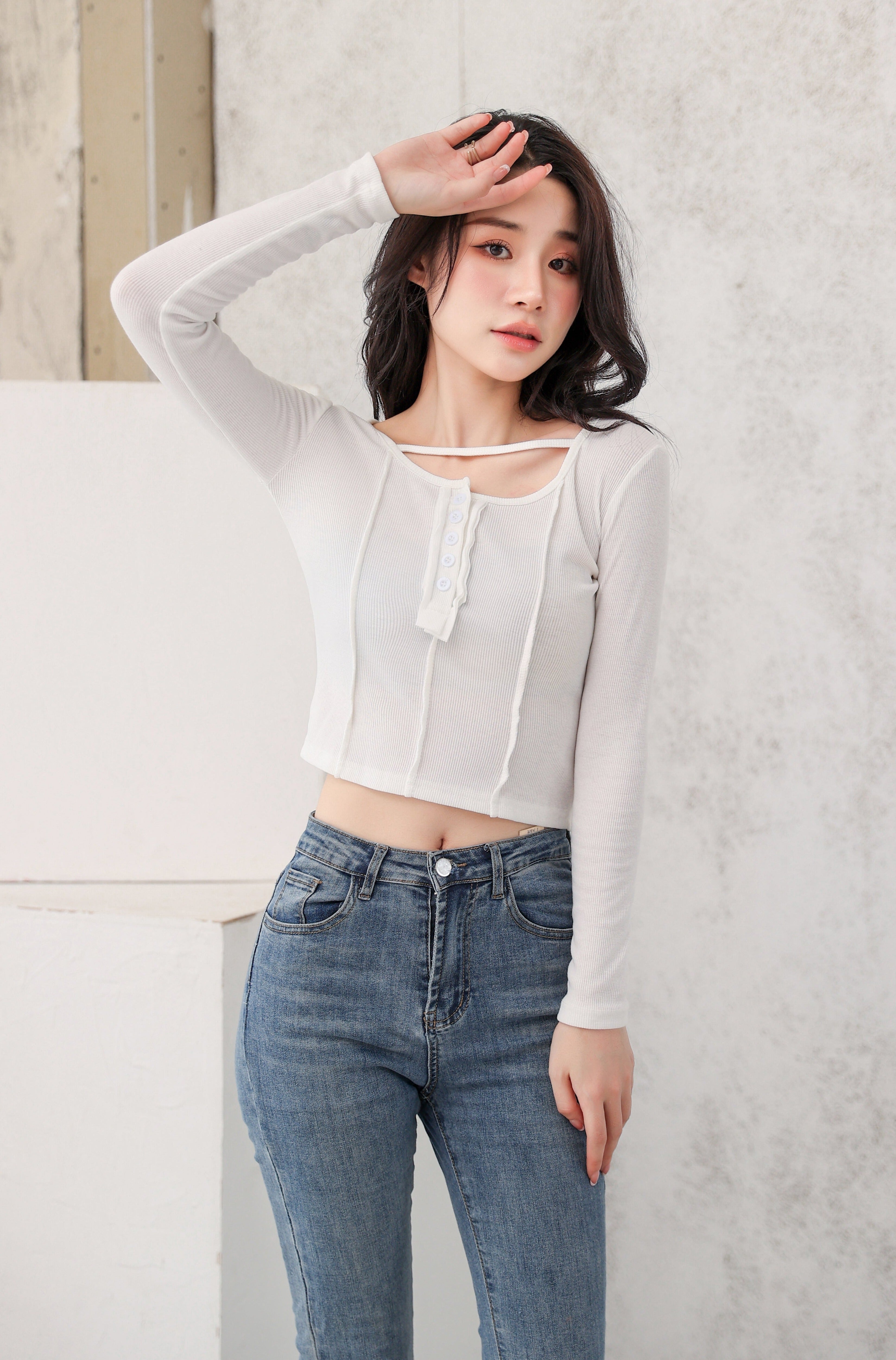 Henley Strap-Neck Patchwork Long Sleeve Crop Top - nightcity clothing