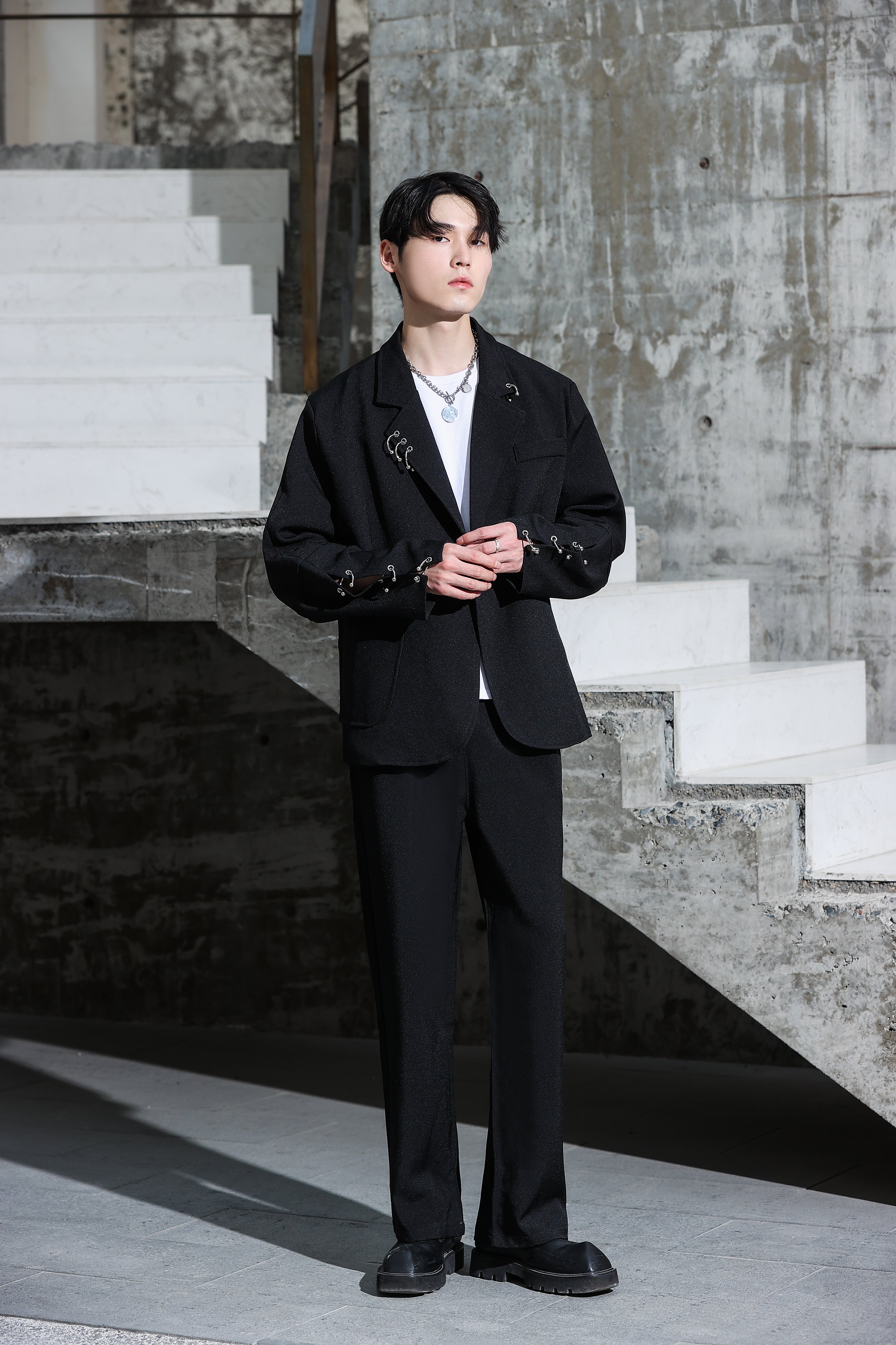 Oversized Suit Jacket with Rings and Wide Leg Pants Set - nightcity clothing