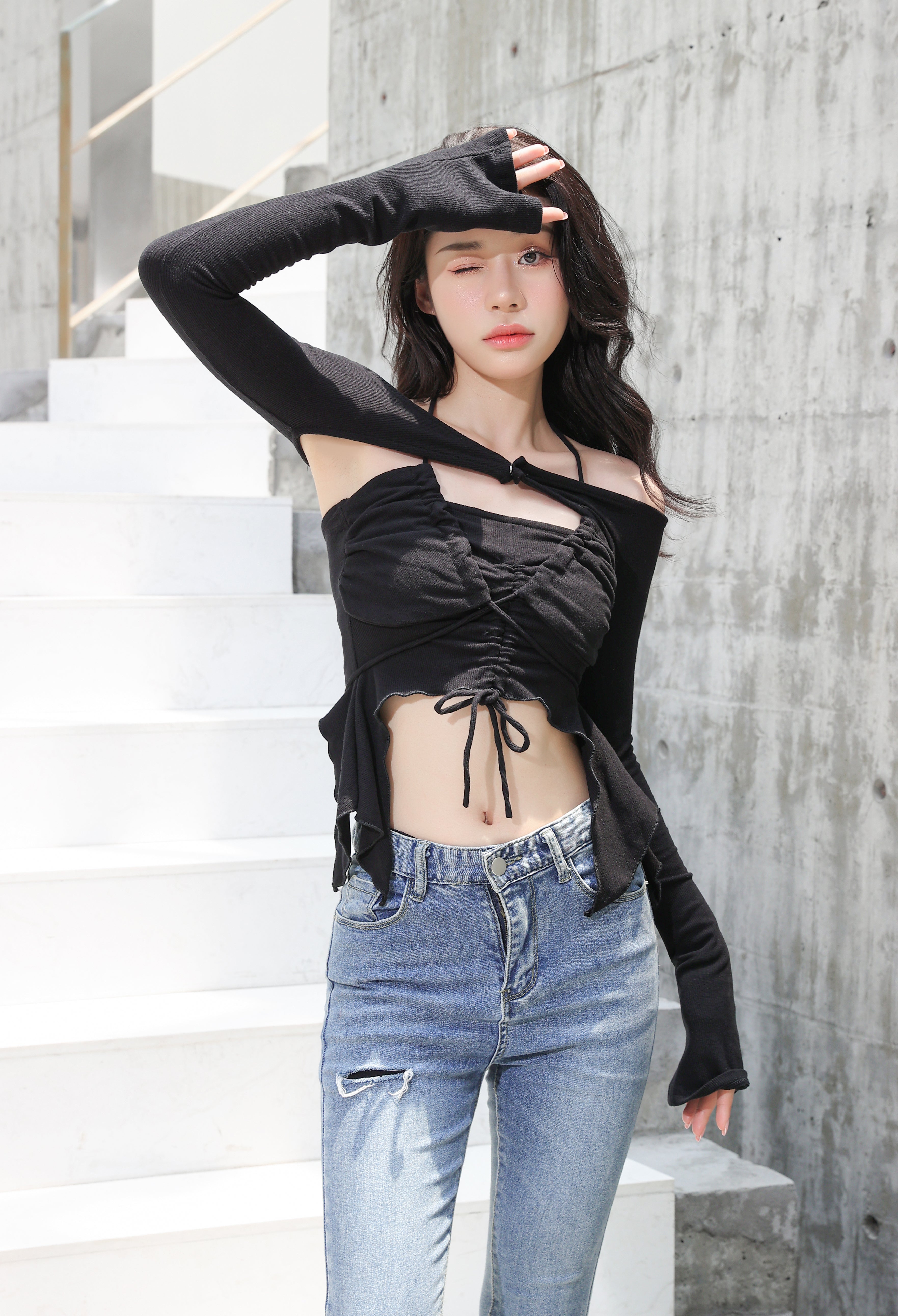 Off Shoulder Shrug Warmer and Ruched Halter Layered Crop Top - nightcity clothing