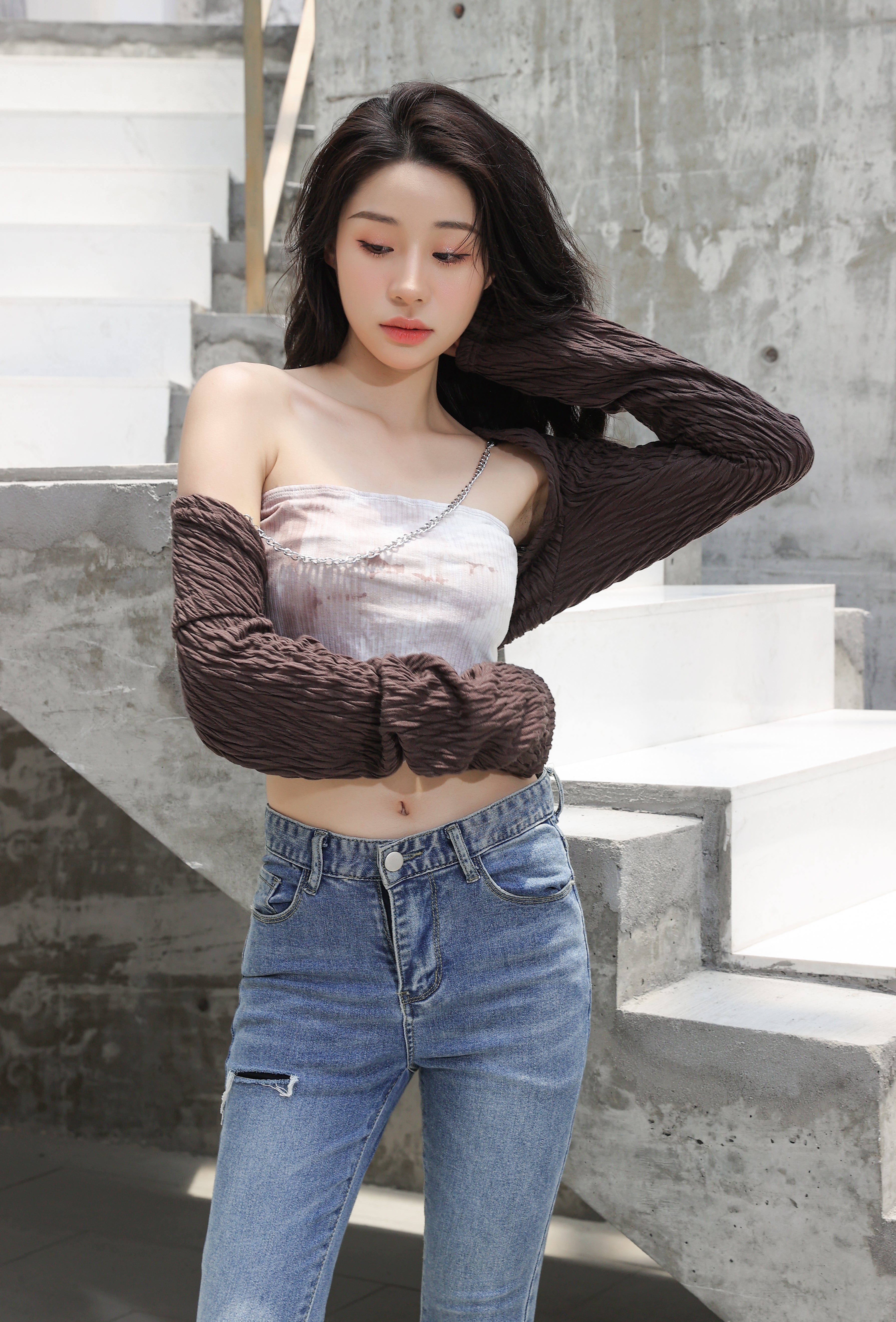 Textured Chain-Linked Shrug and Tie-Dye Crop Top Two-Piece Set - nightcity clothing