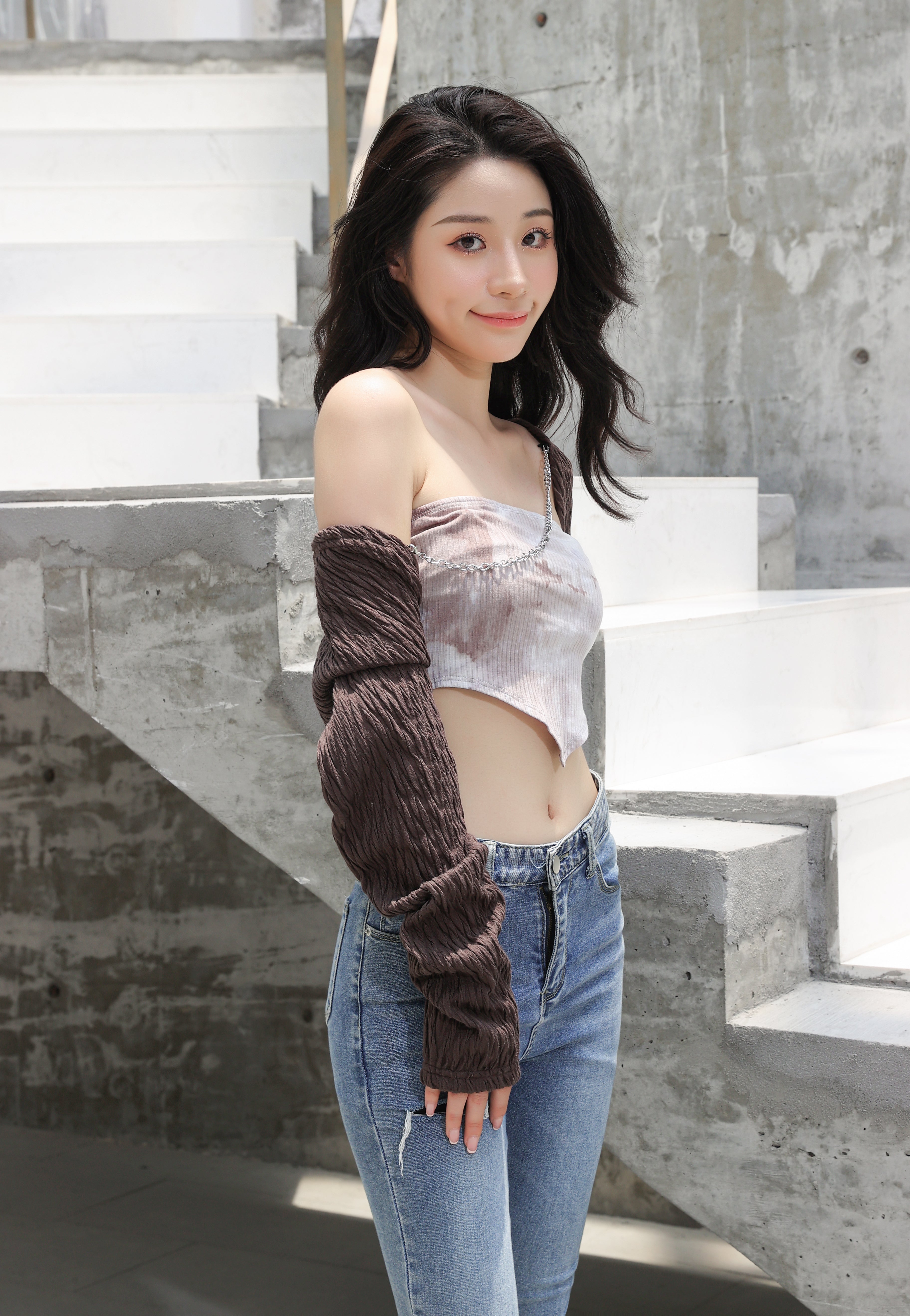 Textured Chain-Linked Shrug and Tie-Dye Crop Top Two-Piece Set - nightcity clothing