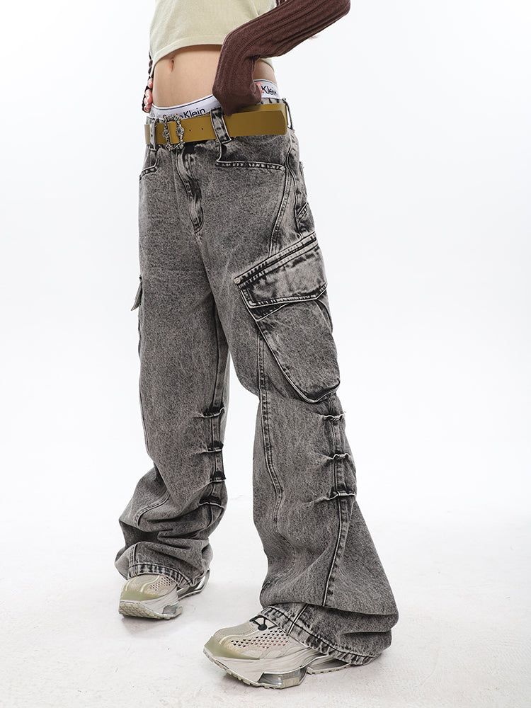 Wide Leg Pocketed Acid Wash Jeans