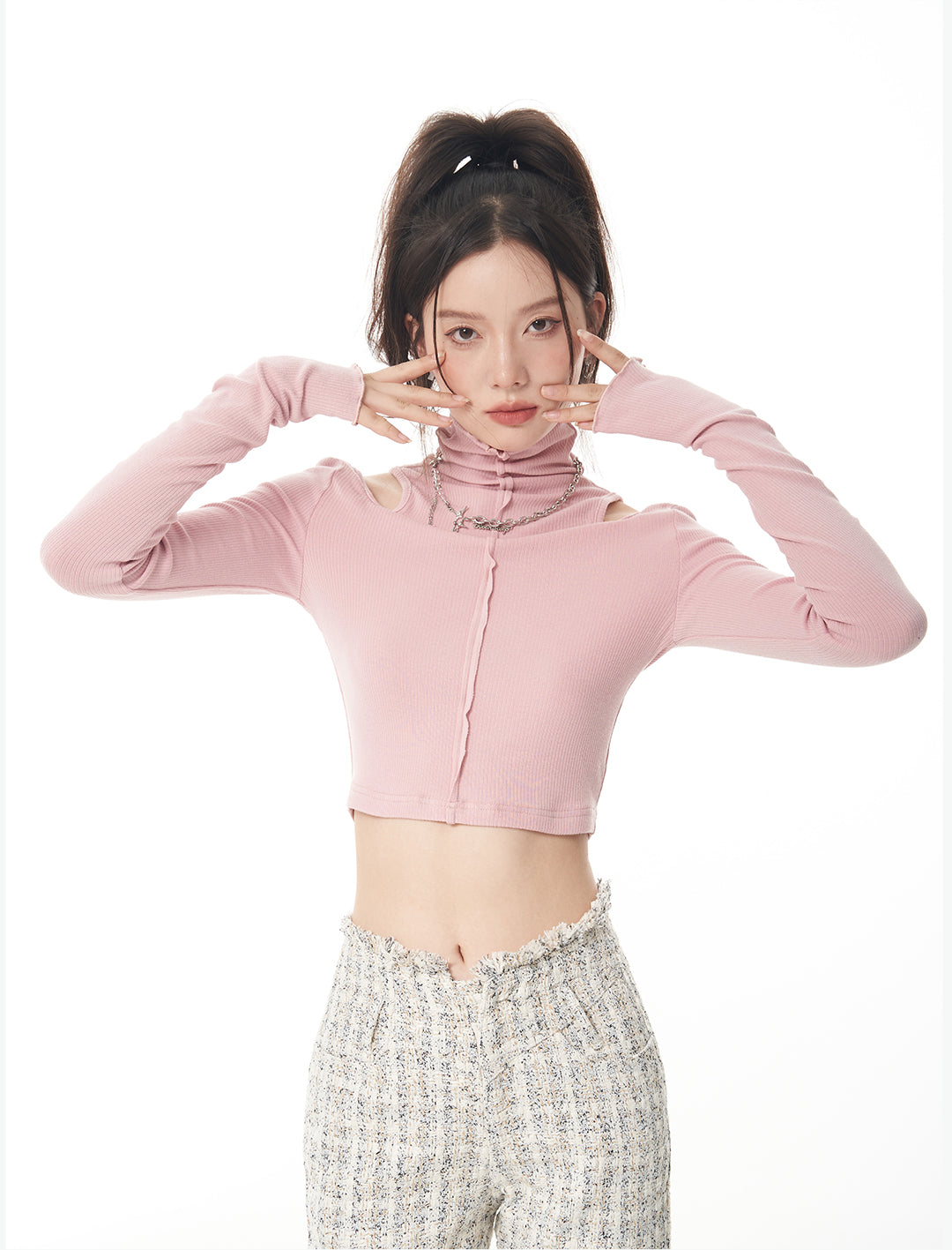 Turtle Neck Cold Shoulder Crop Top