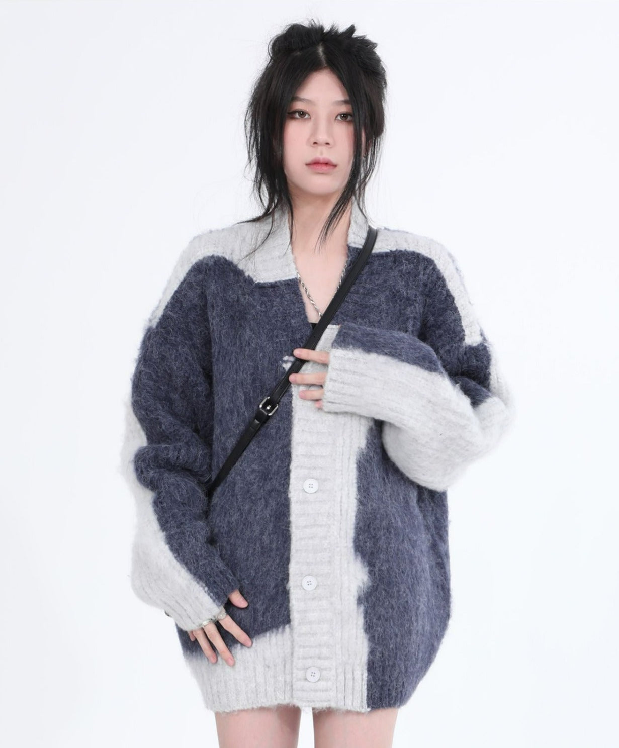 Color Block Fuzzy Knit Cardigan