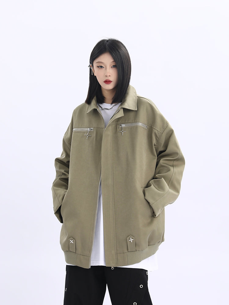 Double Star Pocket Zip Oversized Bomber Jacket