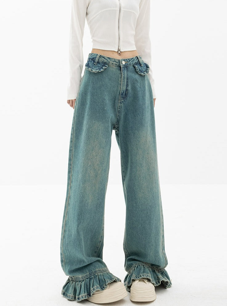 Straight Fit Ruffled Hem Jeans