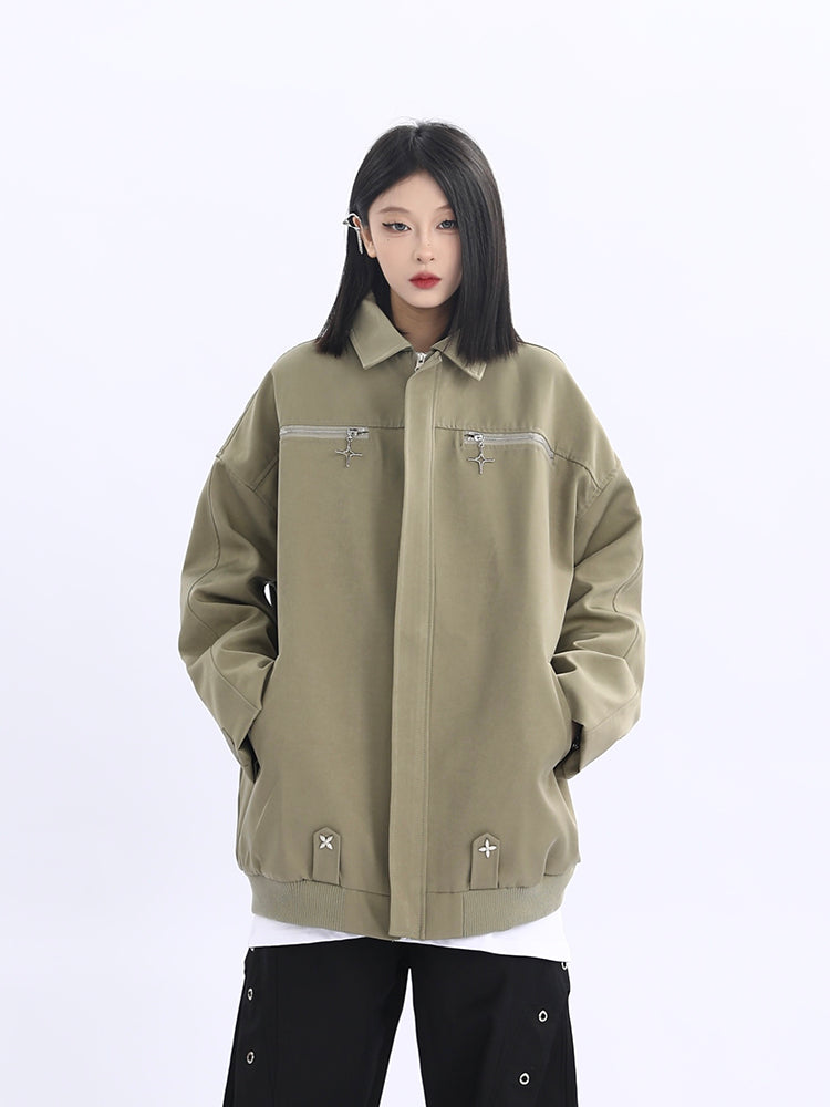 Double Star Pocket Zip Oversized Bomber Jacket