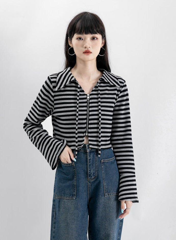 Stripe Long Sleeve Zip Crop Top