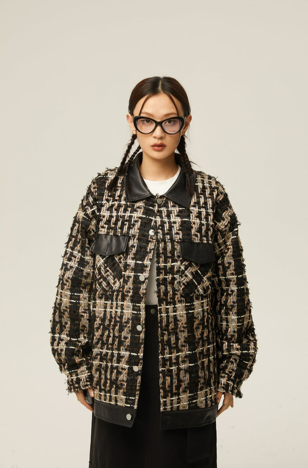 Faux Leather Trim Oversized Tweed Jacket