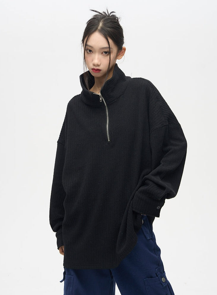 Semi High Neck Half Zip Oversized Knit Pullover