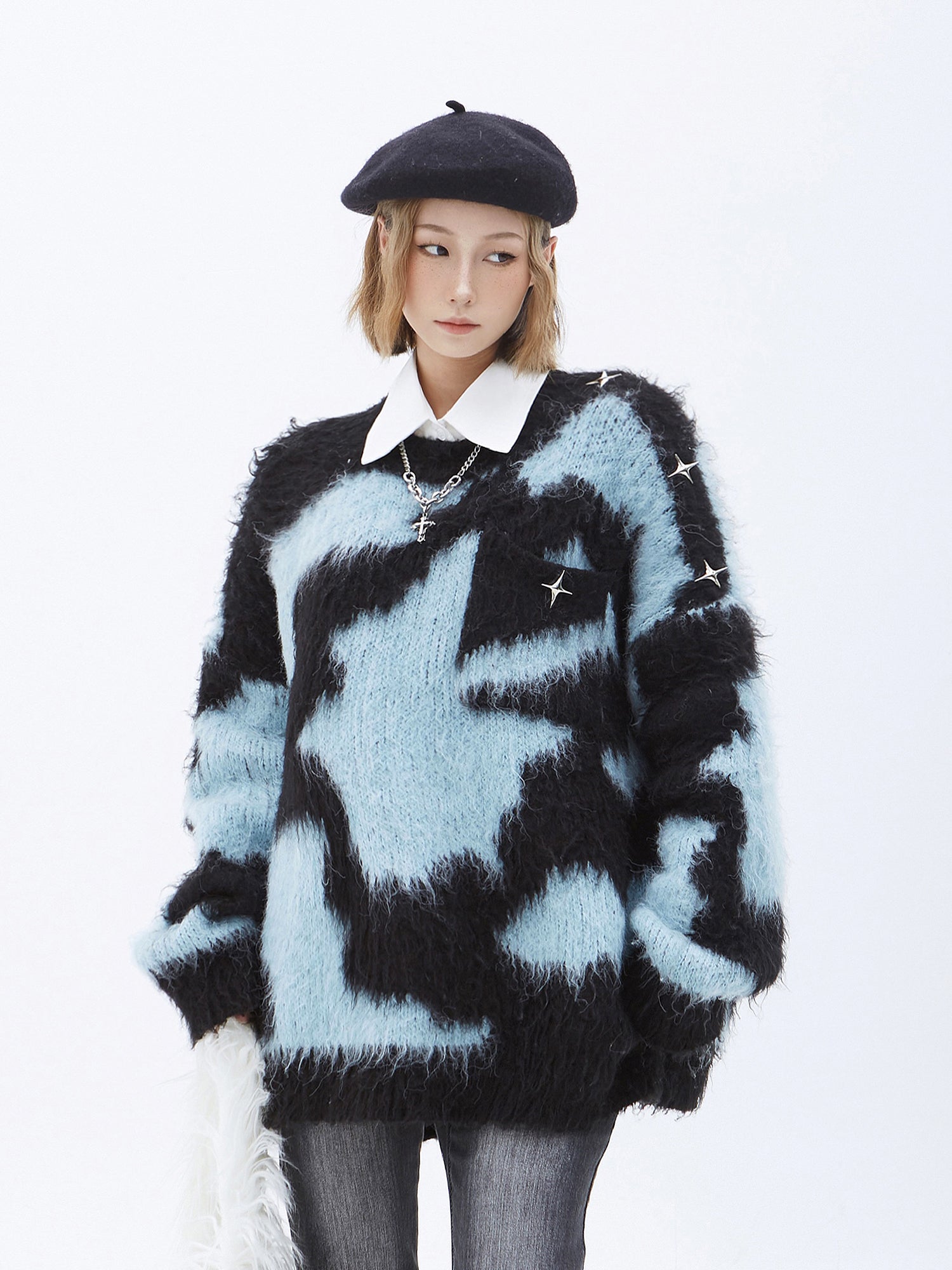 Fuzzy Abstract Oversized Mohair Sweater with Star Accessory