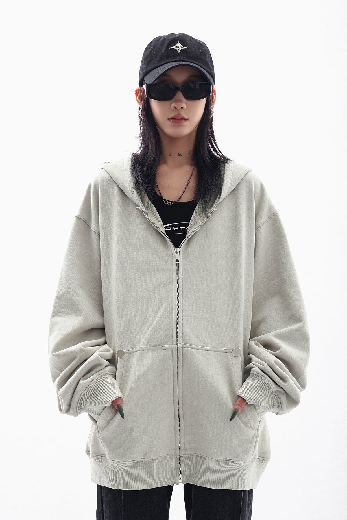 Oversized Studded Zip Hooded Jacket