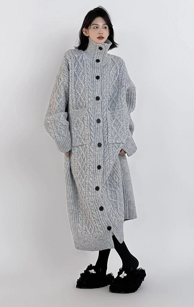 High Neck Braid Pattern Long Knit Oversized Coat